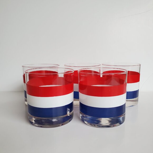 Vintage Low Ball Rocks Drinking Glasses Red White & Blue Striped 5pcs Barware - Picture 2 of 7